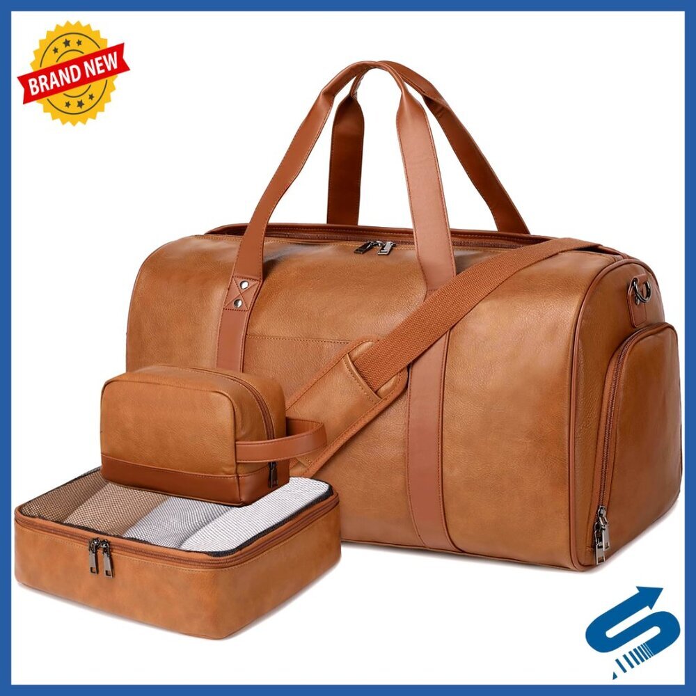 Large Faux Leather Weekender Bag with Shoe Compartment & Laptop Sleeve